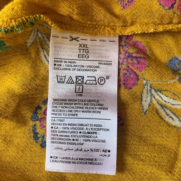 Old Navy Mustard Yellow Floral Puff Sleeve Boho Peasant Blouse XXL Tie Neck - Picture 5 of 6